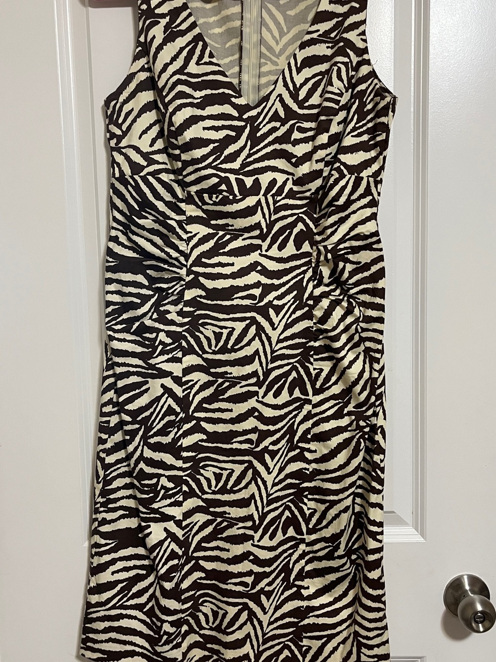 V-Neck Zebra-Pattern Midi Dress in Black and Cream